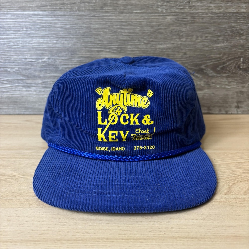Vintage Anytime Lock & Key Hat Cap Snap Back Blue Corduroy Rope Mens Boise Idaho